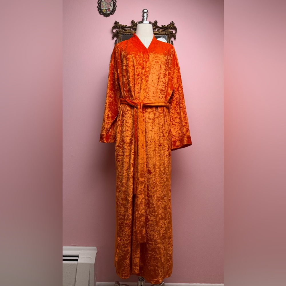 Vintage 1997 Victoria’s Secret Pink Heart Orange Crushed Velvet Maxi Robe Large - Picture 3 of 16